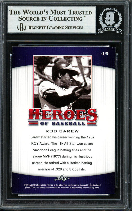 Rod Carew Autographed 2015 Leaf Heroes of Baseball Card #49 Minnesota Twins Beckett BAS #12754315