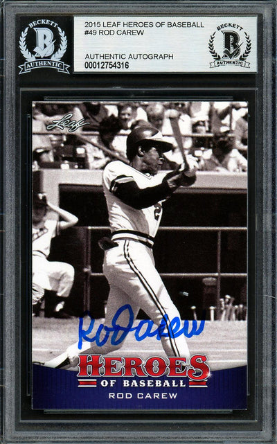 Rod Carew Autographed 2015 Leaf Heroes of Baseball Card #49 Minnesota Twins Beckett BAS #12754316