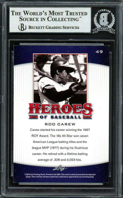 Rod Carew Autographed 2015 Leaf Heroes of Baseball Card #49 Minnesota Twins Beckett BAS #12754316