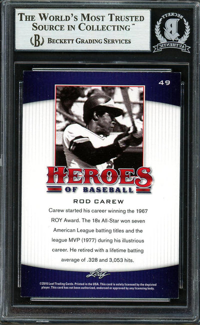 Rod Carew Autographed 2015 Leaf Heroes of Baseball Card #49 Minnesota Twins Beckett BAS #12754318