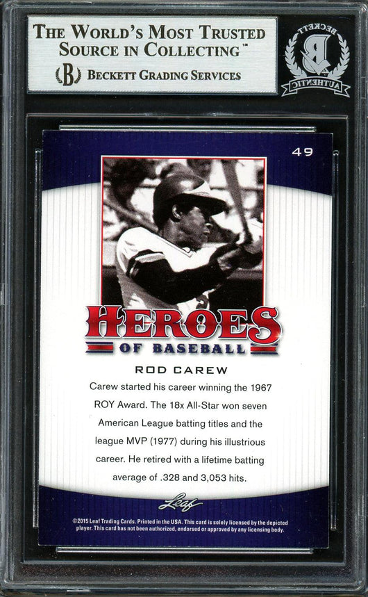 Rod Carew Autographed 2015 Leaf Heroes of Baseball Card #49 Minnesota Twins Beckett BAS #12754318