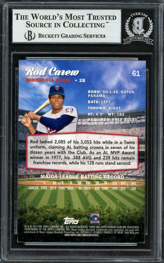 Rod Carew Autographed 2017 Topps Stadium Club Card #61 Minnesota Twins Beckett BAS #12754480
