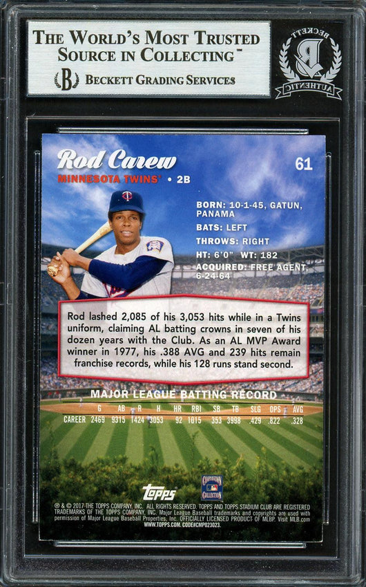 Rod Carew Autographed 2017 Topps Stadium Club Card #61 Minnesota Twins Beckett BAS #12754480