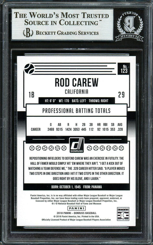 Rod Carew Autographed 2018 Donruss Black & White Card #123 Minnesota Twins Beckett BAS #12754490