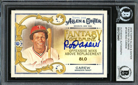 Rod Carew Autographed 2018 Topps Allen & Ginter Fantasy Goldmine Card #FG-46 Minnesota Twins Beckett BAS #12754491