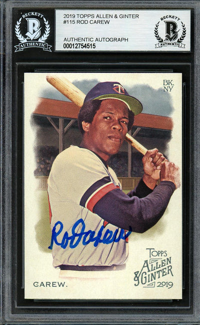 Rod Carew Autographed 2019 Topps Allen & Ginter Card #115 Minnesota Twins Beckett BAS Stock #193412