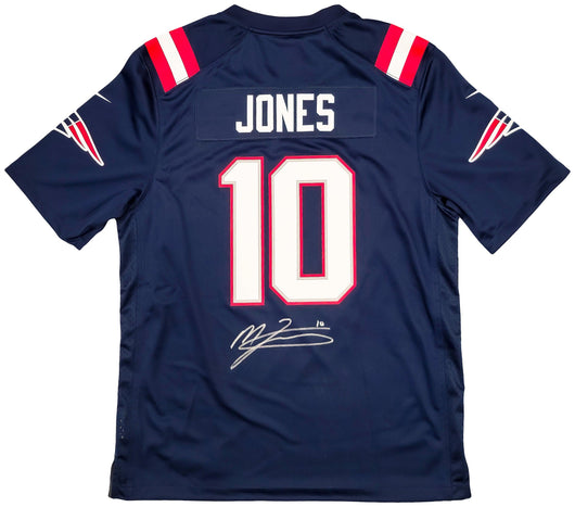 New England Patriots Mac Jones Autographed Blue Nike Gameday Jersey Size L Beckett BAS QR Stock #202967