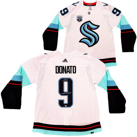Seattle Kraken Ryan Donato Autographed White Adidas Jersey Size 54 "1st Kraken Goal" Inaugural Season Patch Fanatics Holo Stock #202596