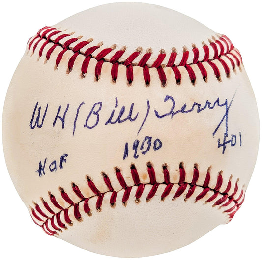 Bill Terry Autographed Official NL Baseball New York Giants "HOF 1930 .401" Beckett BAS #BE16704