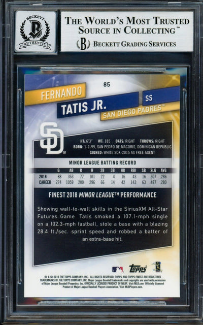Fernando Tatis Jr. Autographed 2019 Topps Finest Rookie Card #85 San Diego Padres Auto Grade Gem Mint 10 Beckett BAS Stock #202920