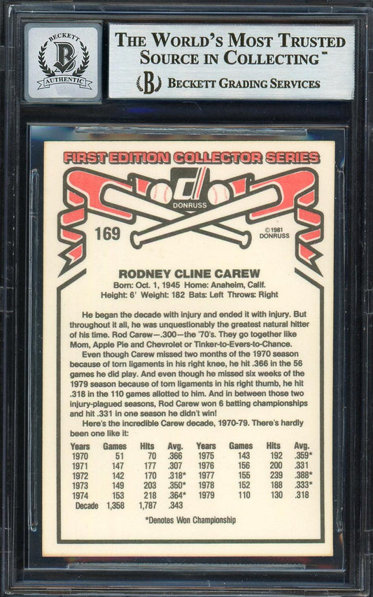 Rod Carew Autographed 1981 Donruss Card #169 California Angels Auto Grade Gem Mint 10 Beckett BAS #12751539