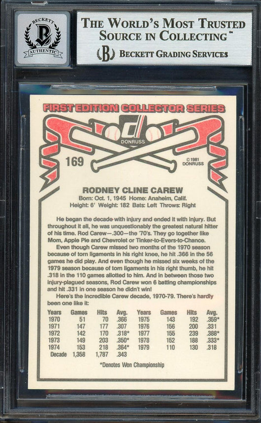 Rod Carew Autographed 1981 Donruss Card #169 California Angels Auto Grade Gem Mint 10 Beckett BAS #12751540