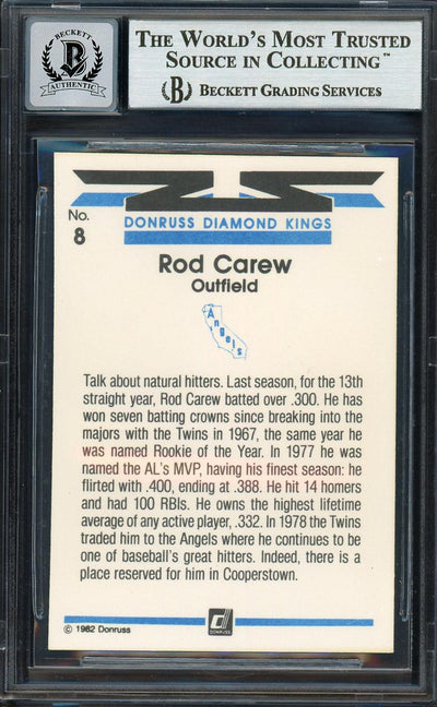 Rod Carew Autographed 1982 Donruss Diamond Kings Card #8 California Angels Auto Grade Gem Mint 10 Beckett BAS #12751544