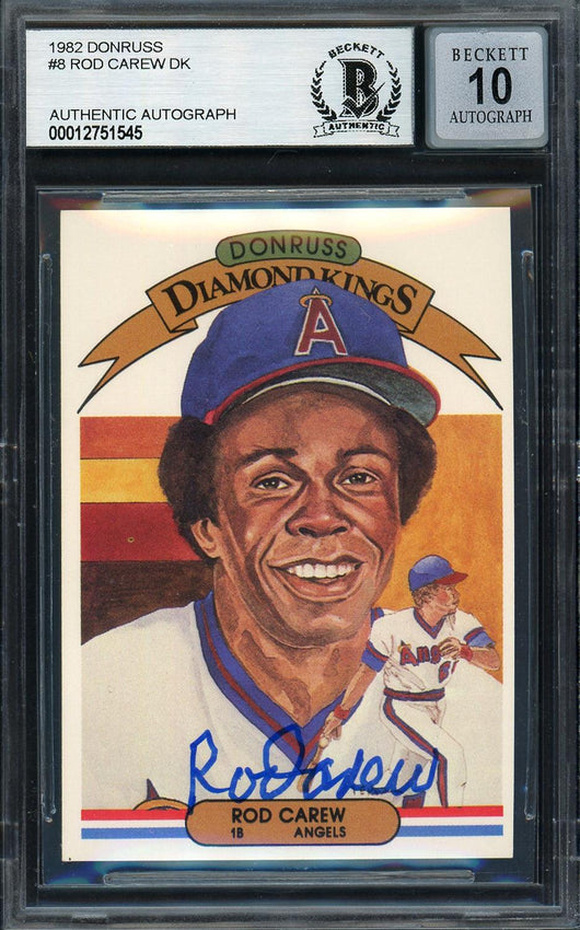 Rod Carew Autographed 1982 Donruss Diamond Kings Card #8 California Angels Auto Grade Gem Mint 10 Beckett BAS #12751545