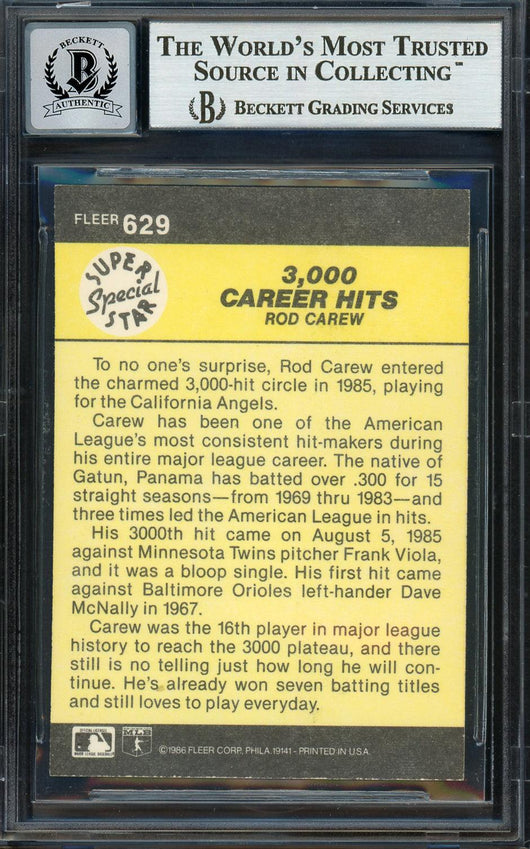 Rod Carew Autographed 1986 Fleer Card #629 California Angels Auto Grade Gem Mint 10 Beckett BAS #12751598