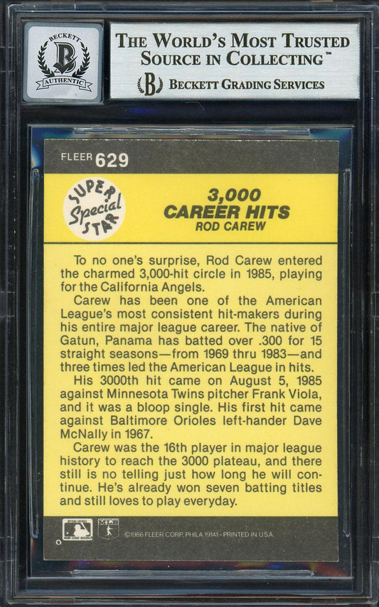Rod Carew Autographed 1986 Fleer Card #629 California Angels Auto Grade Gem Mint 10 Beckett BAS #12751599