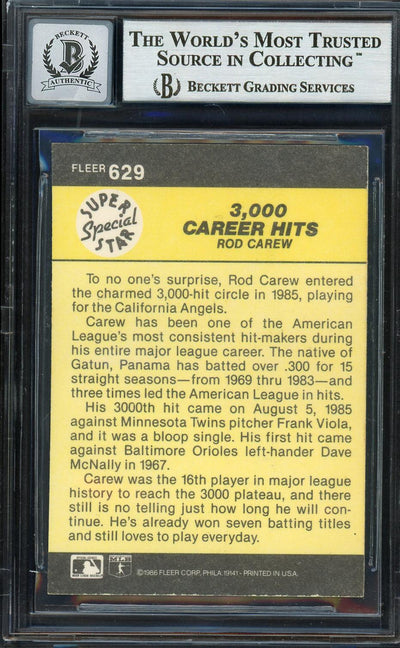 Rod Carew Autographed 1986 Fleer Card #629 California Angels Auto Grade Gem Mint 10 Beckett BAS #12751600