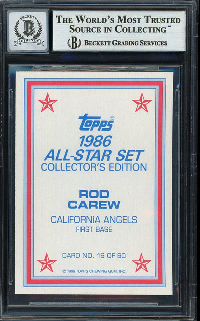 Rod Carew Autographed 1986 Topps All Star Set Card #16 California Angels Auto Grade Gem Mint 10 Beckett BAS #12751606