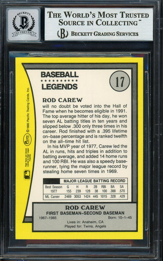 Rod Carew Autographed 1990 Pacific Card #17 Minnesota Twins Auto Grade Gem Mint 10 Beckett BAS #12751623