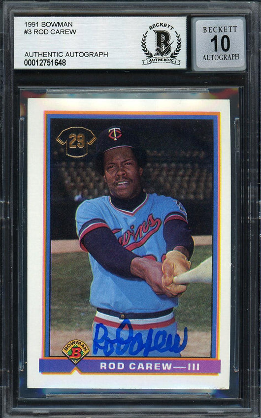 Rod Carew Autographed 1991 Bowman Card #3 Minnesota Twins Auto Grade Gem Mint 10 Beckett BAS Stock #192693