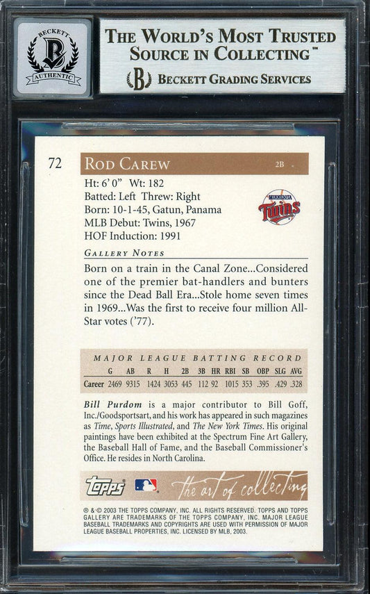 Rod Carew Autographed 2003 Topps Gallery Card #72 Minnesota Twins Auto Grade Gem Mint 10 Beckett BAS Stock #192719
