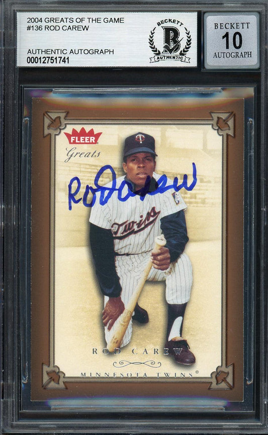 Rod Carew Autographed 2004 Fleer Greats of the Game Card #136 Minnesota Twins Auto Grade Gem Mint 10 Beckett BAS #12751741