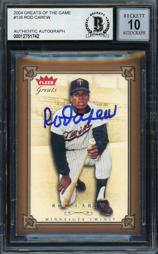 Rod Carew Autographed 2004 Fleer Greats of the Game Card #136 Minnesota Twins Auto Grade Gem Mint 10 Beckett BAS #12751742