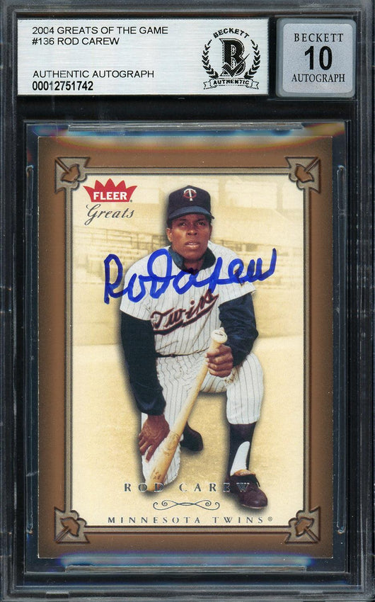 Rod Carew Autographed 2004 Fleer Greats of the Game Card #136 Minnesota Twins Auto Grade Gem Mint 10 Beckett BAS #12751742