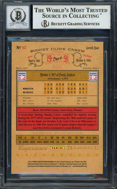 Rod Carew Autographed 2013 Panini Cooperstown Card #82 Minnesota Twins Auto Grade Gem Mint 10 Beckett BAS #12751893