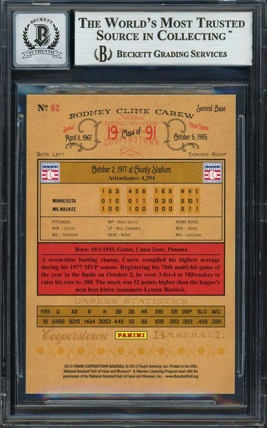 Rod Carew Autographed 2013 Panini Cooperstown Card #82 Minnesota Twins Auto Grade Gem Mint 10 Beckett BAS #12751893