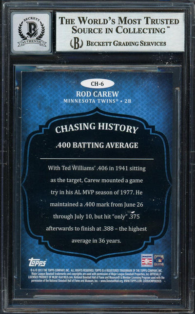 Rod Carew Autographed 2013 Topps Chasing History Card #CH-6 Minnesota Twins Auto Grade Gem Mint 10 Beckett BAS #12751925
