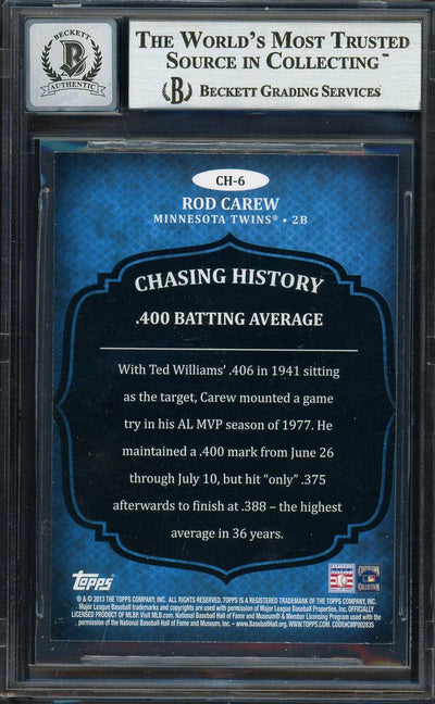 Rod Carew Autographed 2013 Topps Chasing History Card #CH-6 Minnesota Twins Auto Grade Gem Mint 10 Beckett BAS #12751926