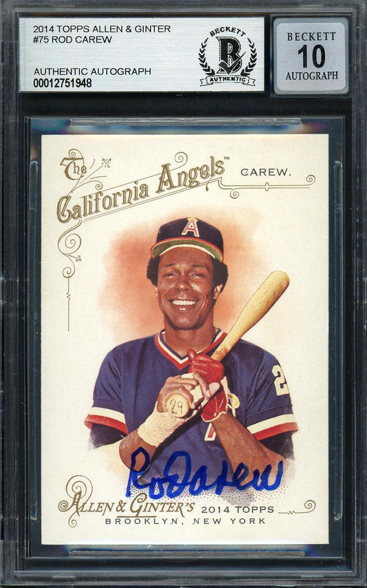 Rod Carew Autographed 2014 Topps Allen & Ginter Card #75 California Angels Auto Grade Gem Mint 10 Beckett BAS Stock #192788