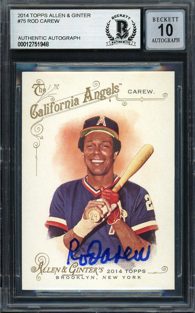 Rod Carew Autographed 2014 Topps Allen & Ginter Card #75 California Angels Auto Grade Gem Mint 10 Beckett BAS Stock #192788