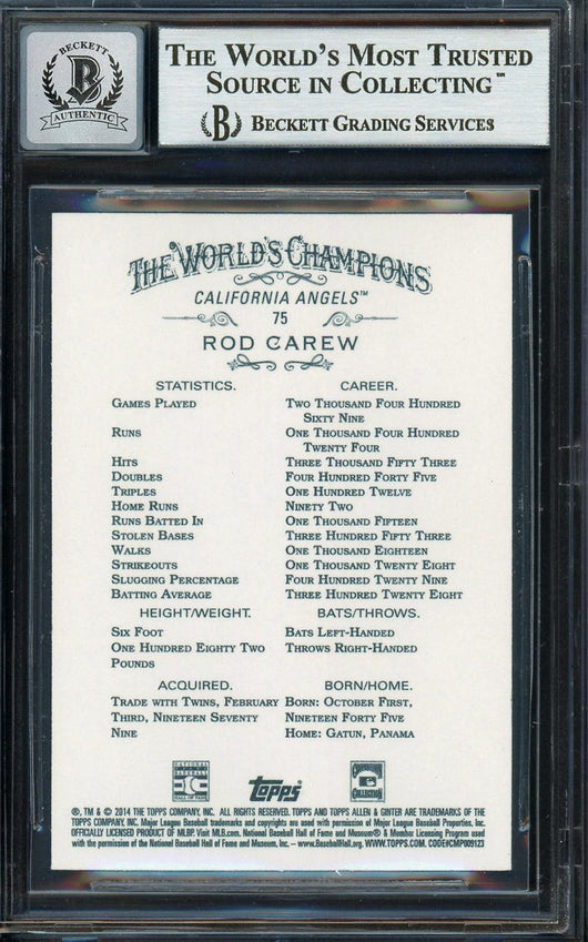 Rod Carew Autographed 2014 Topps Allen & Ginter Card #75 California Angels Auto Grade Gem Mint 10 Beckett BAS Stock #192788