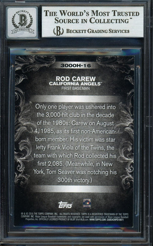 Rod Carew Autographed 2016 Topps 3000 Hit Club Card #3000H-16 California Angels Auto Grade Gem Mint 10 Beckett BAS Stock #192804