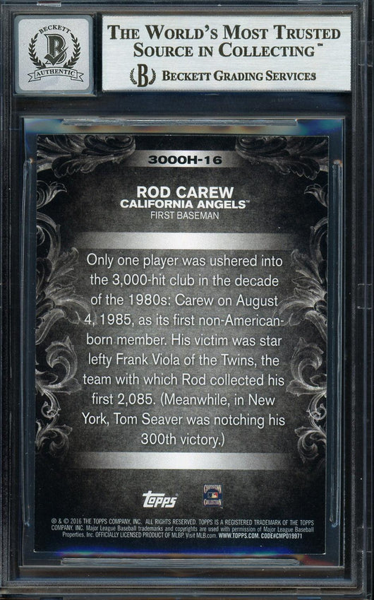 Rod Carew Autographed 2016 Topps 3000 Hit Club Card #3000H-16 California Angels Auto Grade Gem Mint 10 Beckett BAS Stock #192804