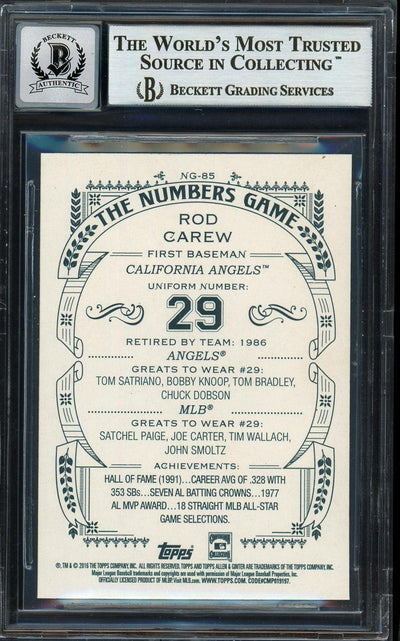 Rod Carew Autographed 2016 Topps Allen & Ginter Number's Game Card #NG-85 California Angels Auto Grade Gem Mint 10 Beckett BAS Stock #192805