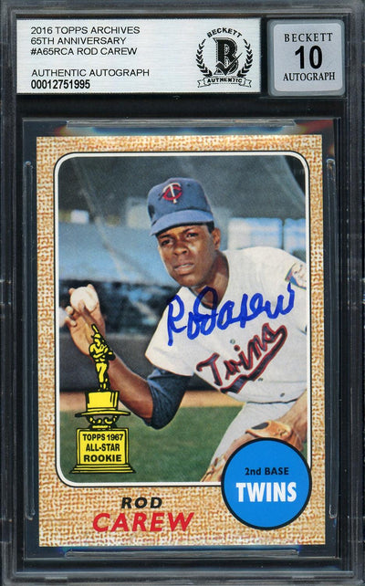 Rod Carew Autographed 2016 Topps Archives 65th Anniversary Card #A65-RCA Minnesota Twins Auto Grade Gem Mint 10 Beckett BAS #12751995