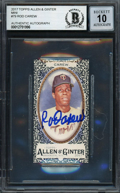 Rod Carew Autographed 2017 Topps Allen & Ginter Mini Card #79 Minnesota Twins Auto Grade Gem Mint 10 Beckett BAS #12751996