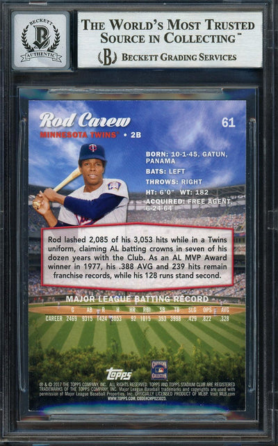 Rod Carew Autographed 2017 Topps Stadium Club Card #61 Minnesota Twins Auto Grade Gem Mint 10 Beckett BAS #12752000