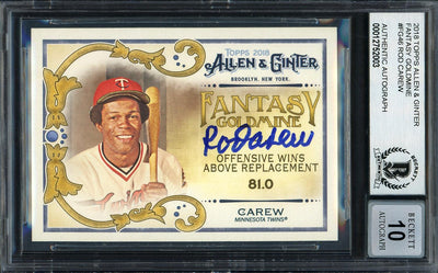 Rod Carew Autographed 2018 Topps Allen & Ginter Fantasy Goldmine Card #FG-46 Minnesota Twins Auto Grade Gem Mint 10 Beckett BAS #12752003