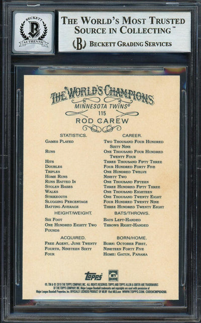 Rod Carew Autographed 2019 Topps Allen & Ginter Black Card #115 Minnesota Twins Auto Grade Gem Mint 10 Beckett BAS #12752034
