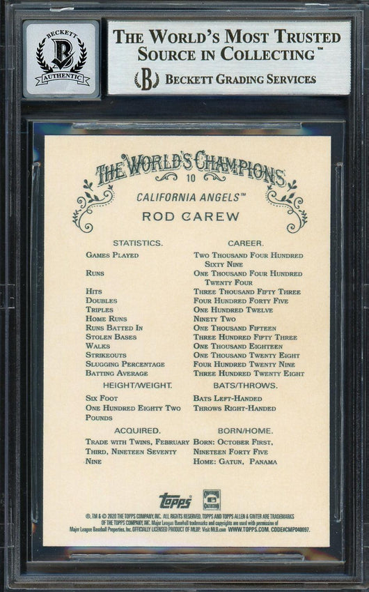 Rod Carew Autographed 2020 Topps Allen & Ginter Card #10 California Angels Auto Grade Gem Mint 10 Beckett BAS Stock #192837
