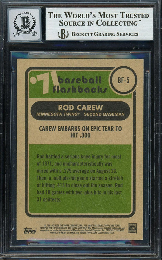 Rod Carew Autographed 2020 Topps Heritage Flashbacks Card #BF-5 Minnesota Twins Auto Grade Gem Mint 10 Beckett BAS #12752113