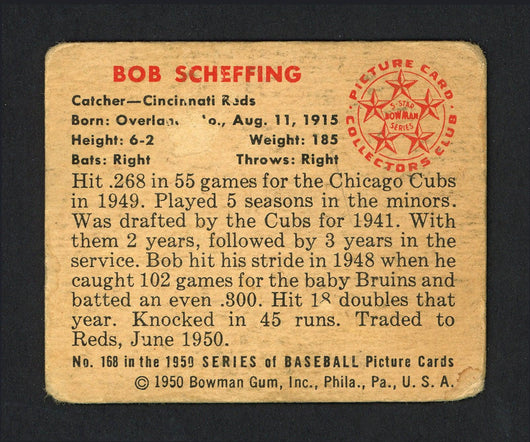 Bob Scheffing Autographed 1950 Bowman Card #168 Cincinnati Reds SKU #164320