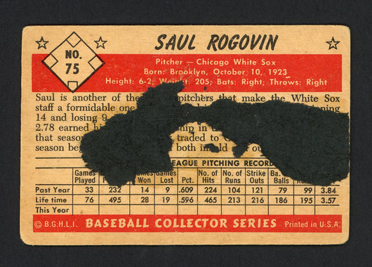 Saul Rogovin Autographed 1953 Bowman Card #75 Chicago White Sox SKU #164326