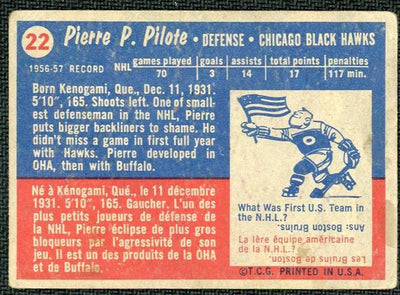 1957 Topps 22 Pierre Pilote Rookie Chicago Black Hawks