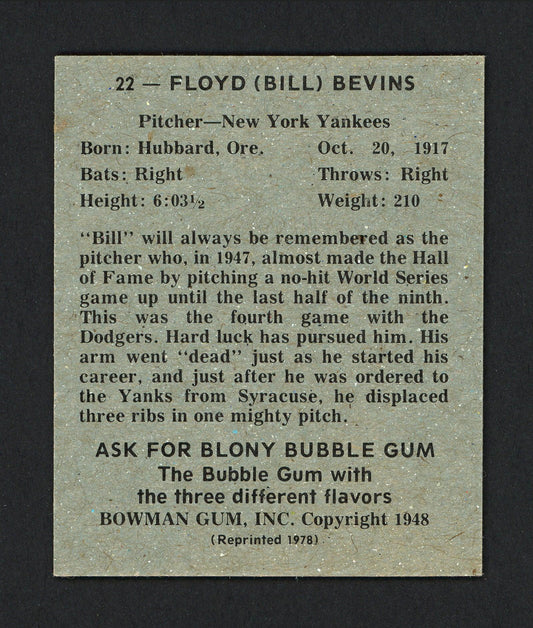 Bill Bevens Autographed 1978 Bowman 1948 Bowman Reprint Card #22 New York Yankees SKU #165912
