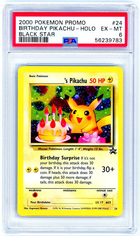 PSA (EX-MT 6) Birthday Pikachu-Holo #24 - Pokemon Promo Black Star (56239783)